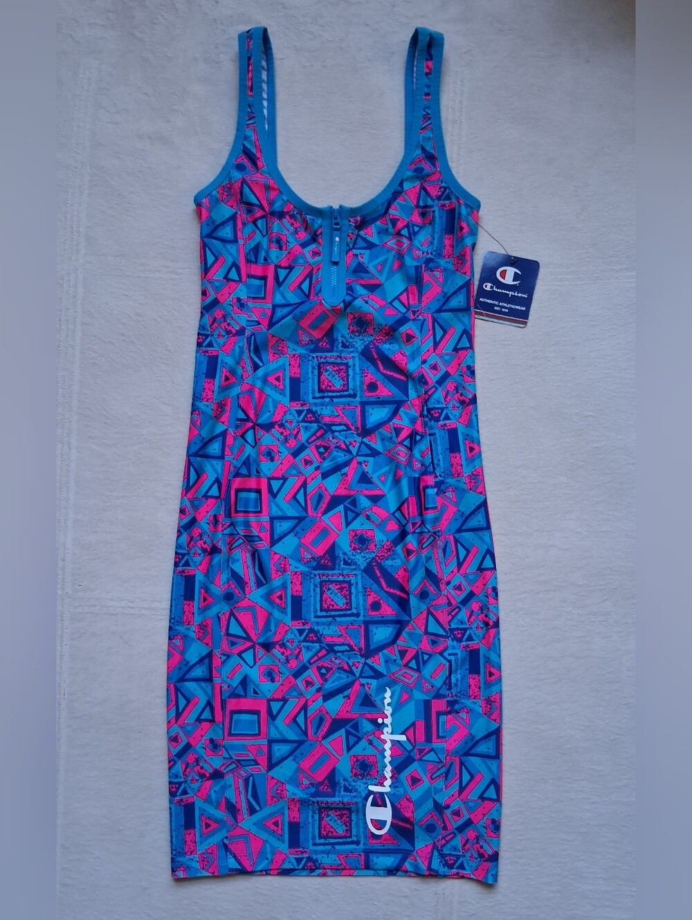 CHAMPION MTV Geometric Swim Dress, SMALL, Blue & Neon Pink, Front Zip, NWT